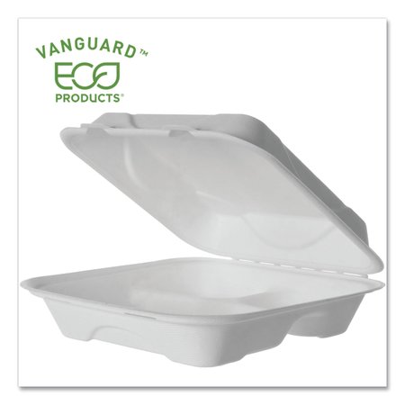 ECO-PRODUCTS Vanguard Sugarcane Clamshells, 3-Compartment, 9 x 9 x 3, White, PK200 EP-HC93NFA